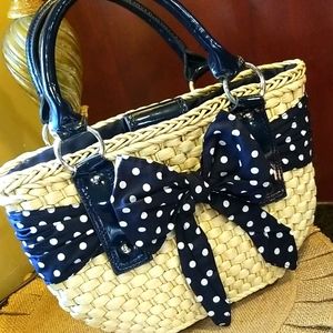 Loft | Navy Polka Dot Straw Bag